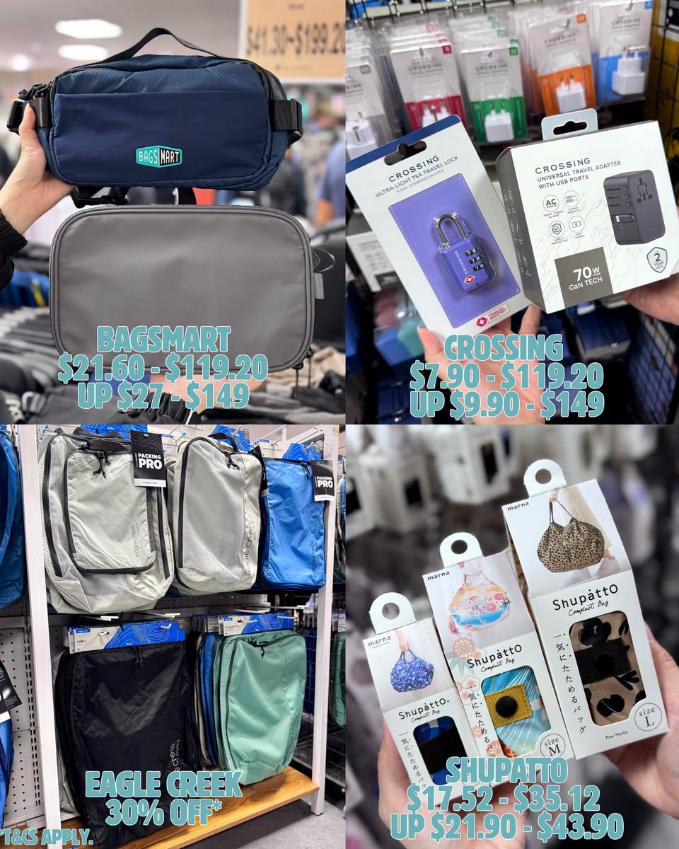 Travel accessories from Bagsmart, Crossing, Eagle Creek, and Shupatto