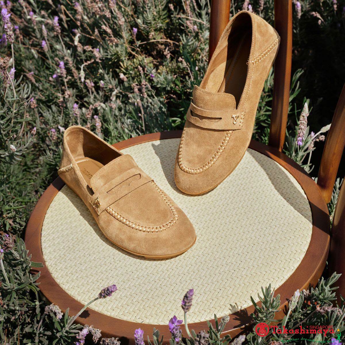 Tan suede loafers at Takashimaya