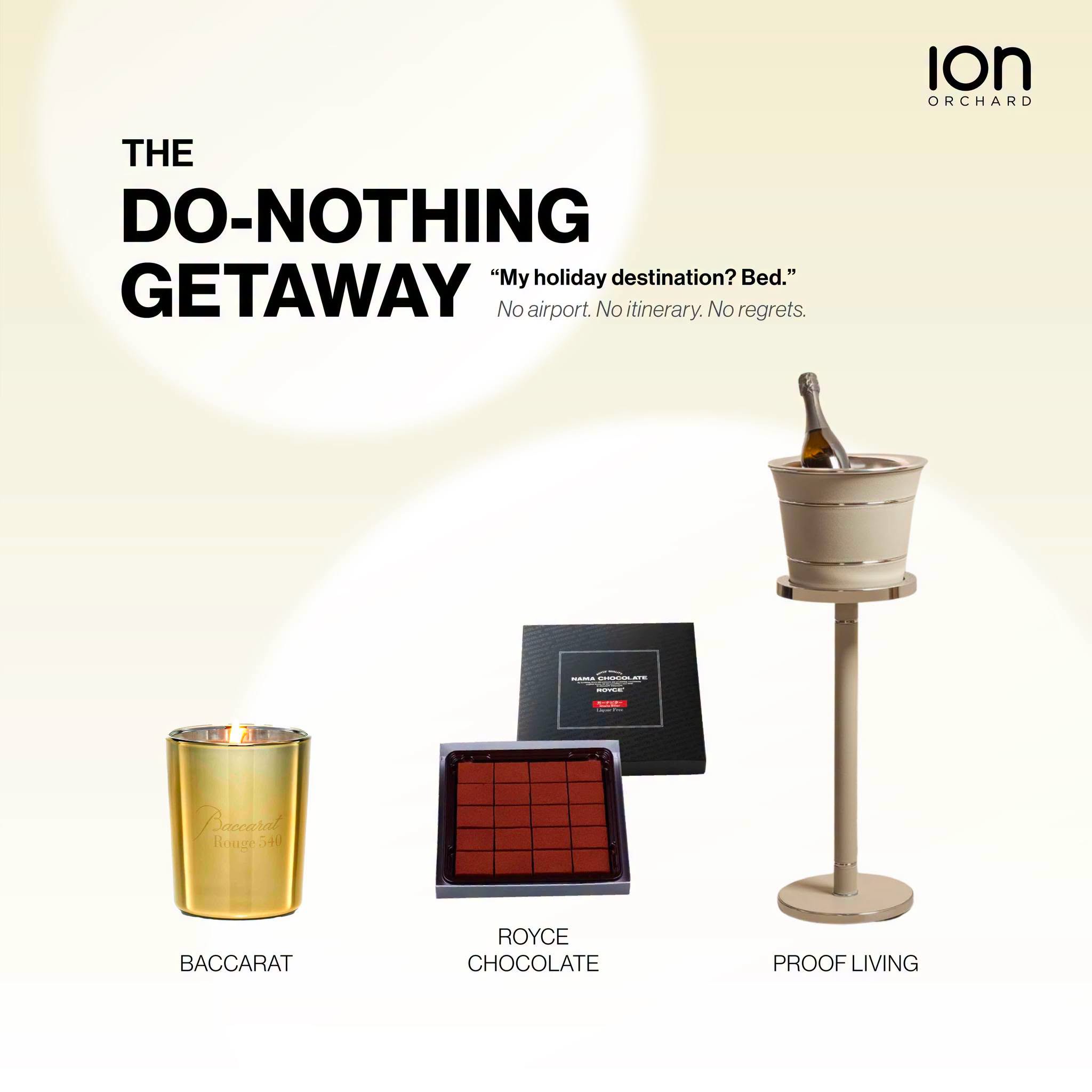 Do-Nothing Getaway products including Baccarat, Royce Chocolate, and a profiling device