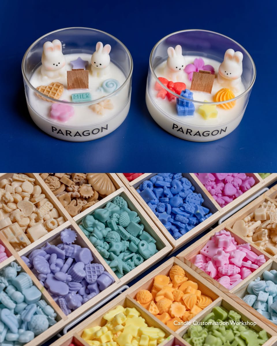 Candle customisation workshop with scented candles and pastel wax charms at Paragon