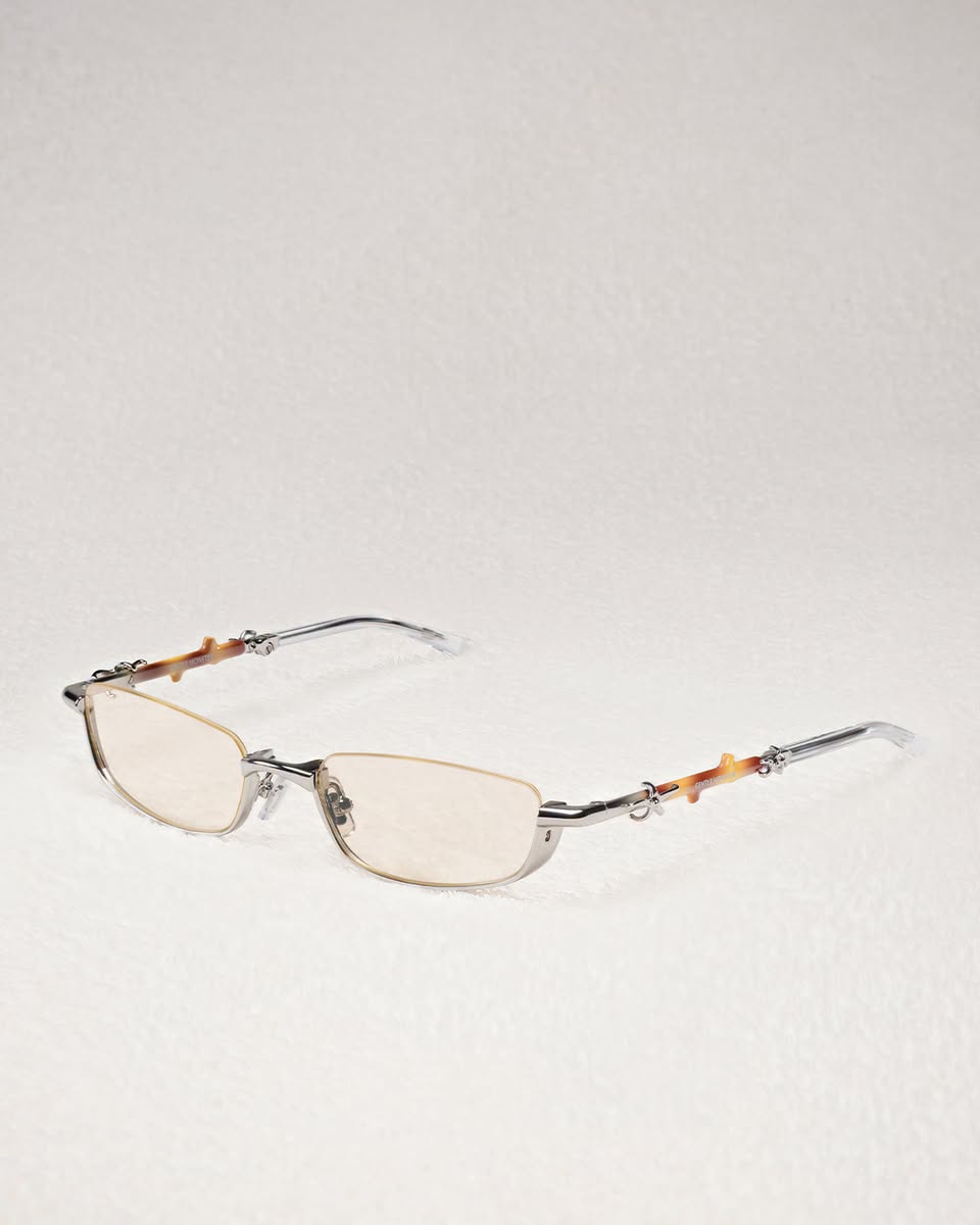 Rimless eyeglasses with tortoiseshell temple tips