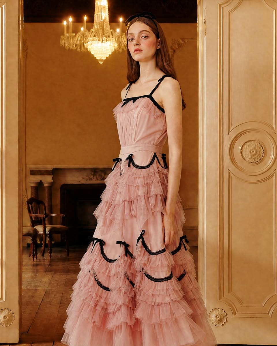 BORA AKSU pink tiered gown with black ribbon trim