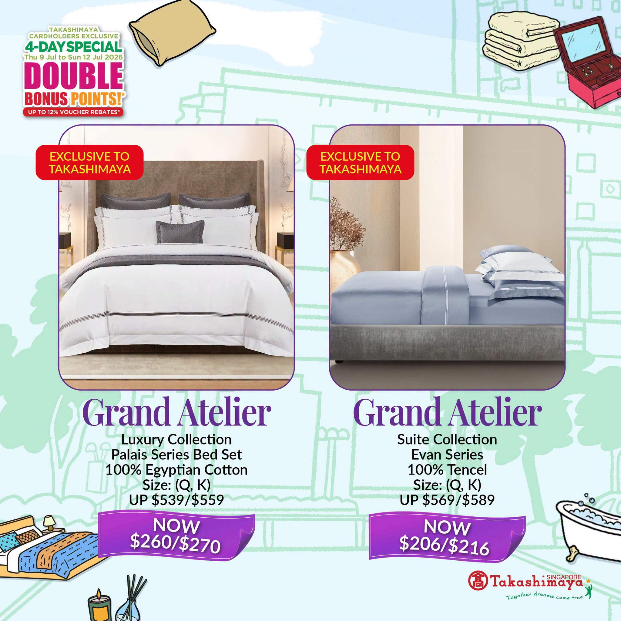 Grand Atelier Palais and Evan Series bed sets at Takashimaya