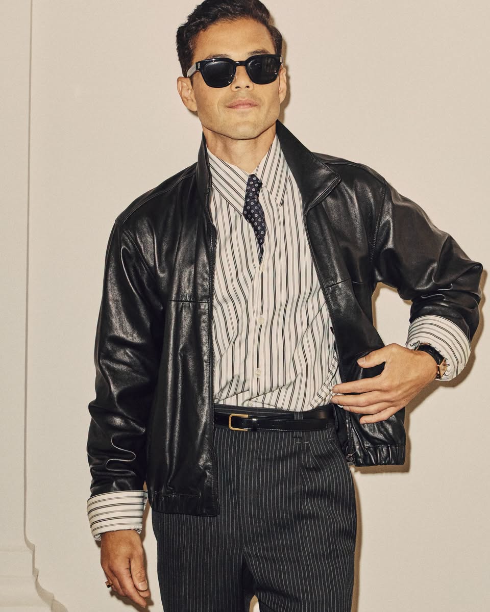 Saint Laurent Men's Summer 2027 leather jacket and pinstripe trousers