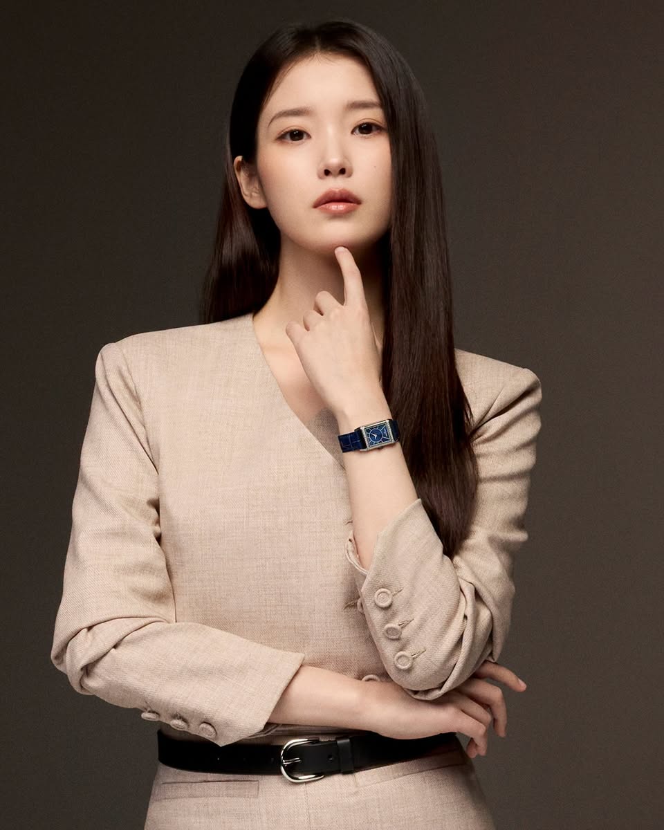 IU wearing a blue-strapped square-faced watch for Jaeger-LeCoultre campaign