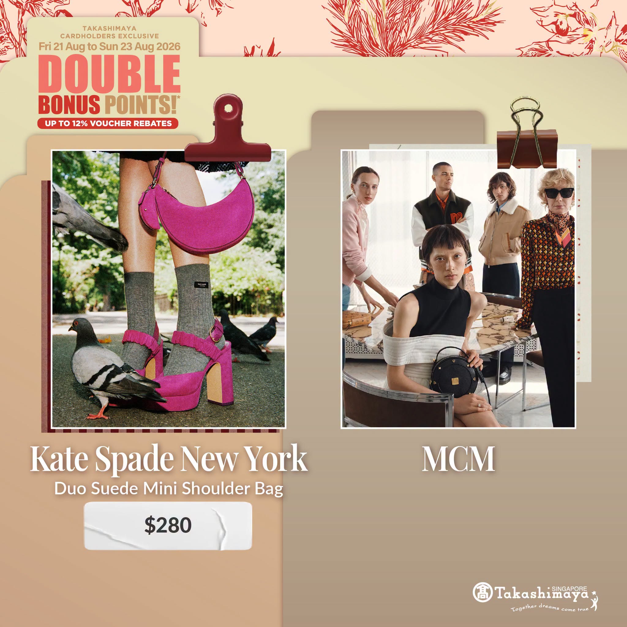 Kate Spade Duo Suede Mini Shoulder Bag and MCM accessories at Takashimaya