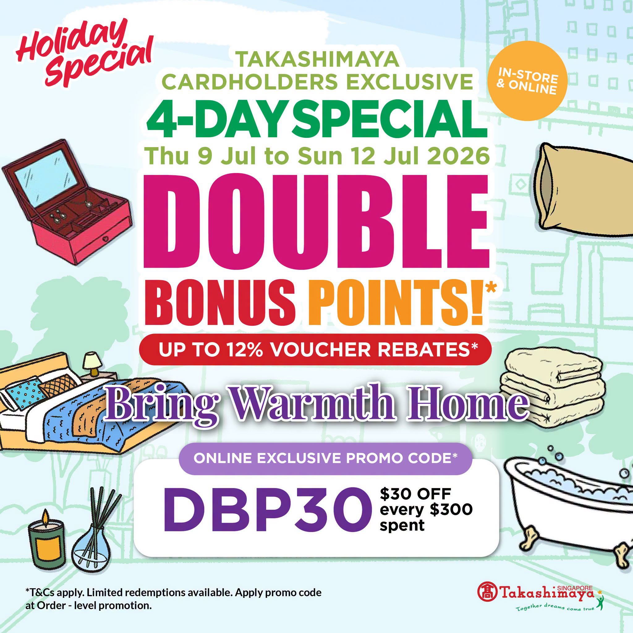 Takashimaya Double Bonus Points promotion featuring home comfort essentials