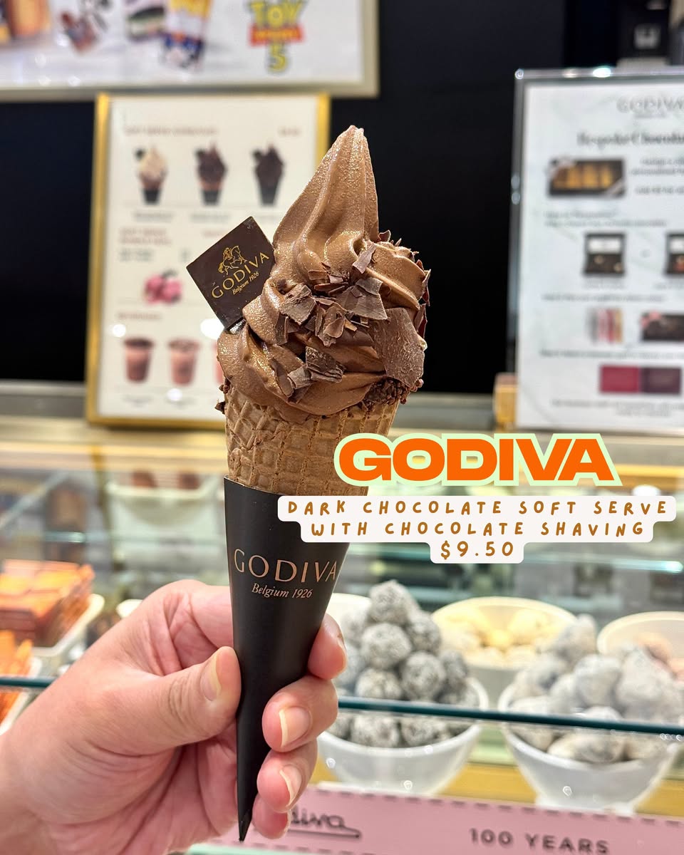 GODIVA Dark Chocolate Soft Serve with Chocolate Shaving priced at $9.50