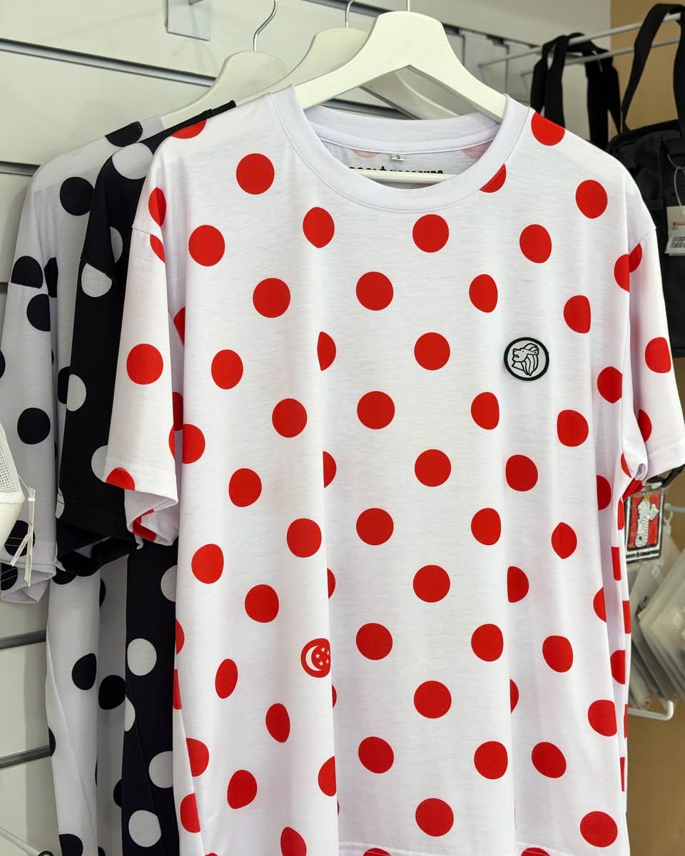 White and black polka dot t-shirts with Singapore flag motif