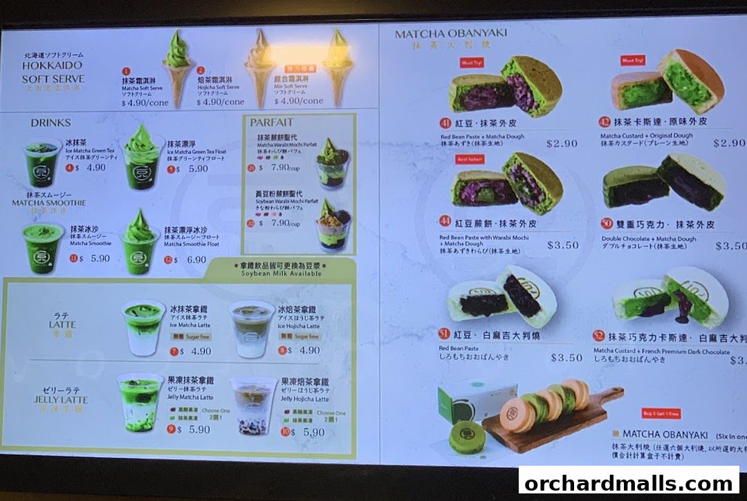 A menu board displaying various matcha-based drinks, parfaits, and obanyaki desserts with prices.