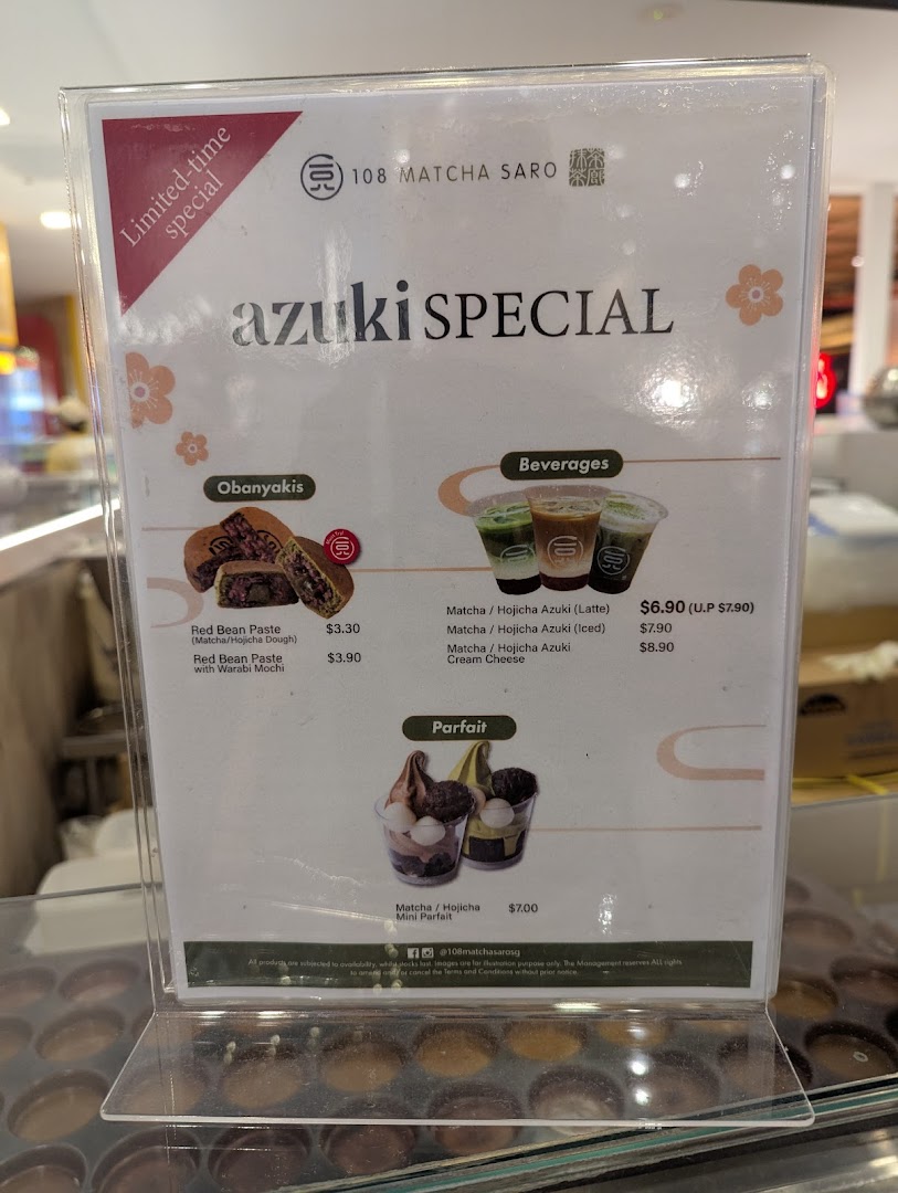 Menu page for 108 Matcha Saro