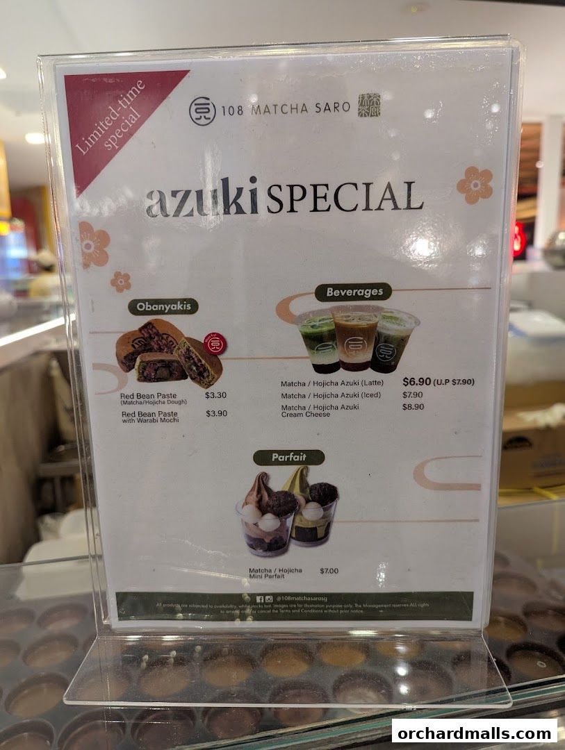 A menu board for 108 Matcha Saro featuring Azuki specials, Obanyakis, Beverages, and Parfaits.