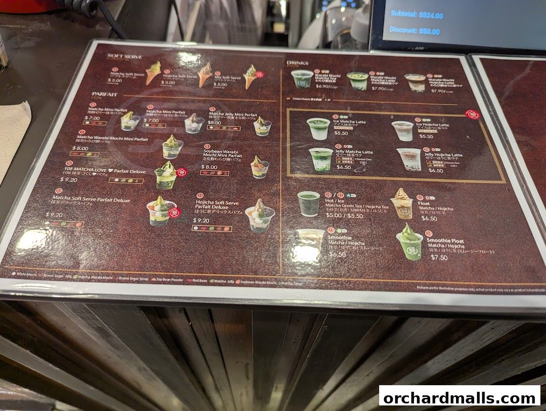 A menu for 108 Matcha Saro featuring soft serve, parfaits, and drinks.