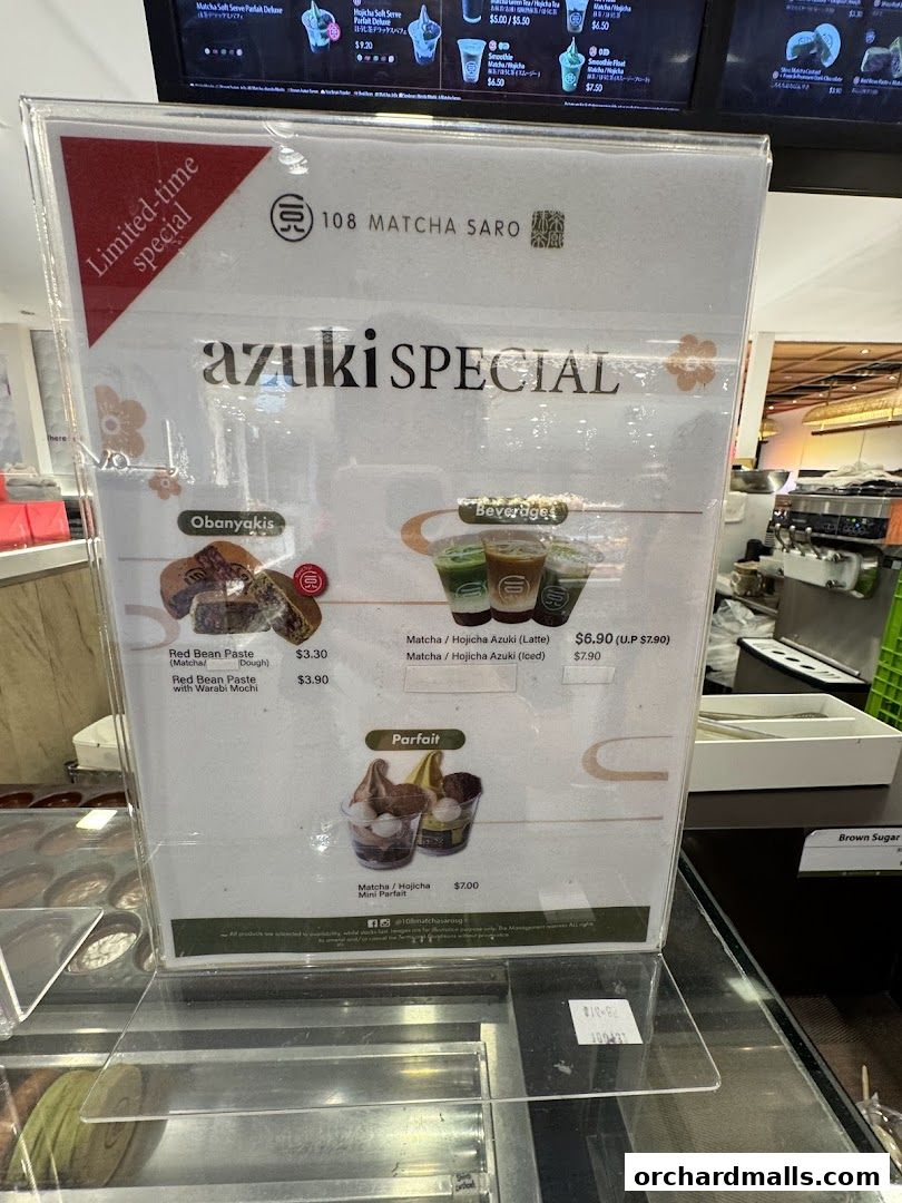 A menu board for 108 Matcha Saro featuring Azuki specials, including Obanyakis, beverages, and parfaits.