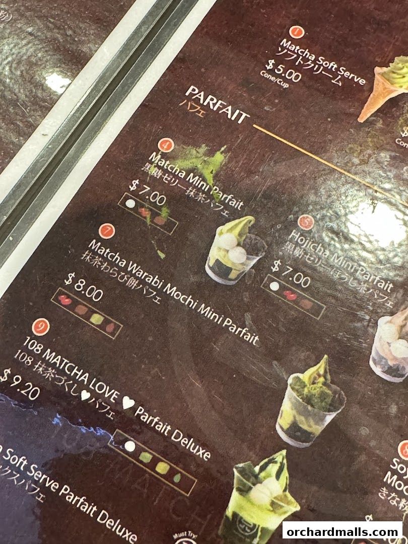 A menu from 108 Matcha Saro featuring various matcha parfaits and soft serve.