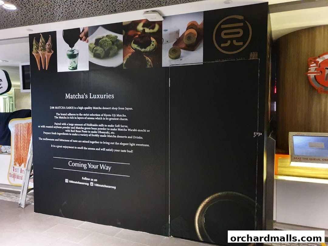 A large black panel with images of matcha desserts and the shop's logo.