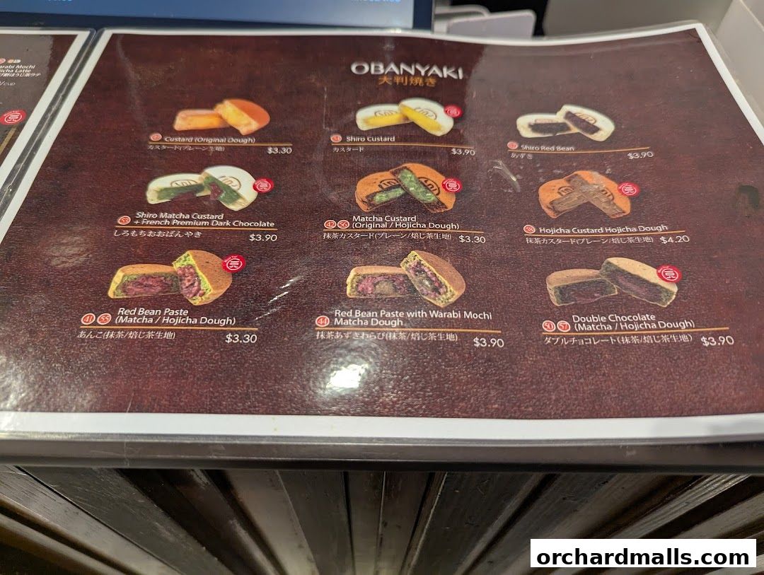 A menu showcasing various Obanyaki flavors with detailed descriptions and prices.
