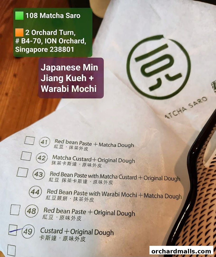 A menu from 108 Matcha Saro featuring Japanese Min Jiang Kueh and Warabi Mochi.