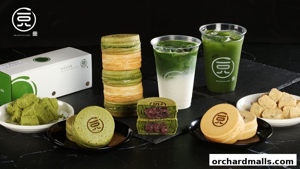 A spread of matcha-flavored desserts and drinks from 108 Matcha Saro.