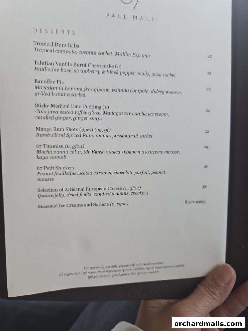 Menu page for 67 Pall Mall Singapore