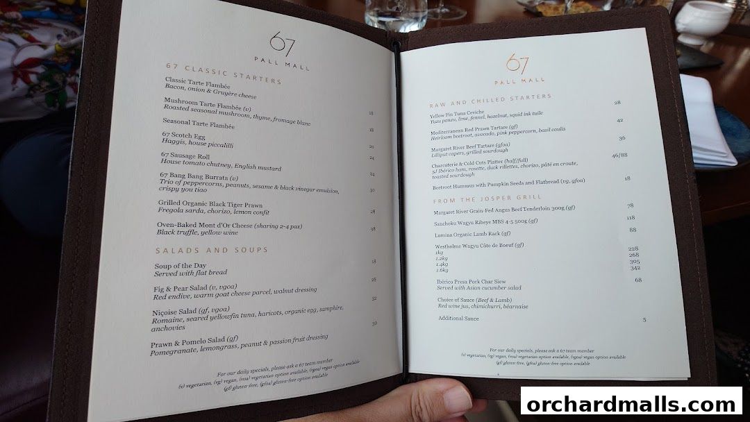 Menu page for 67 Pall Mall Singapore