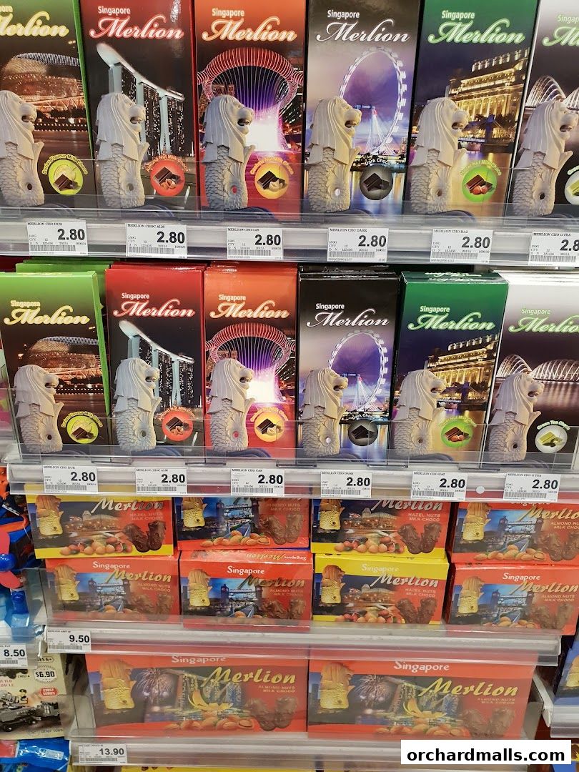 Display of Singapore Merlion themed chocolate boxes in various flavors and sizes.