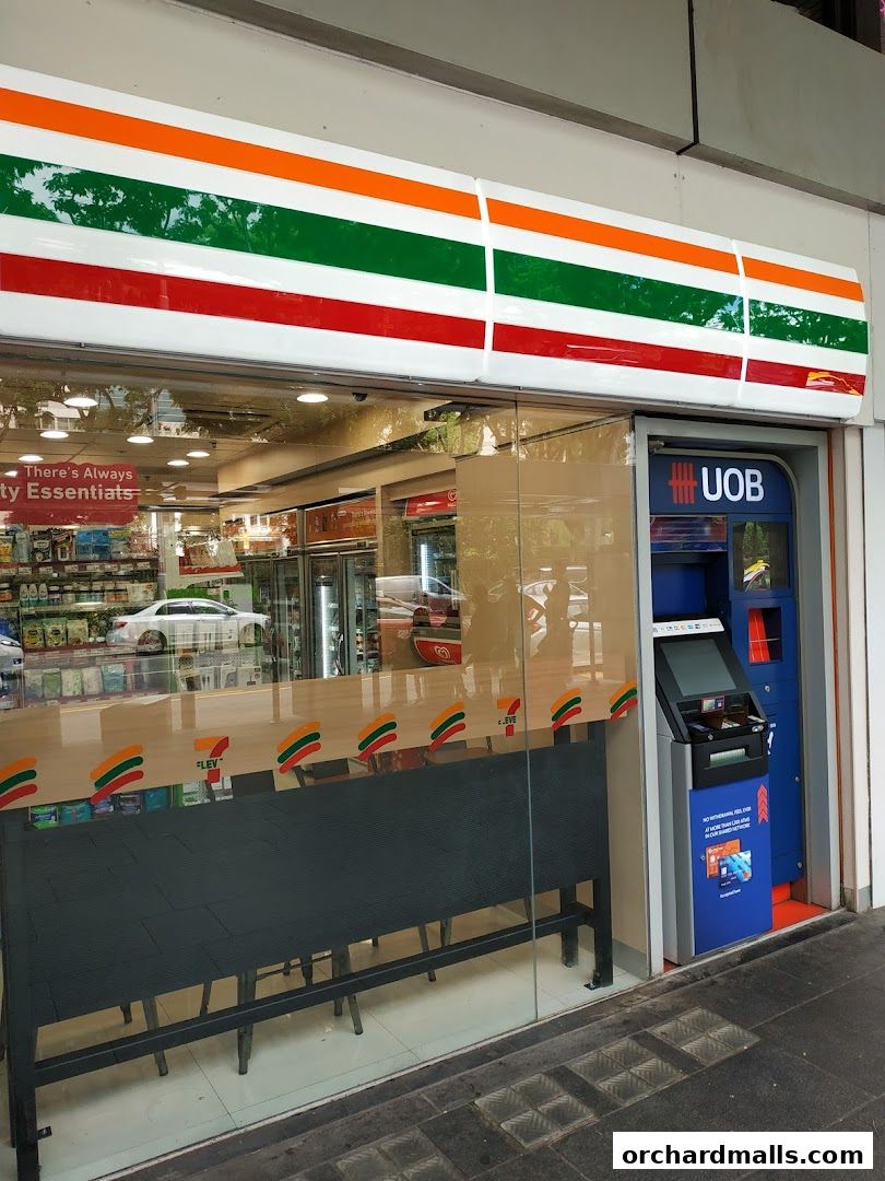 Exterior view of a 7-Eleven convenience store with an ATM machine.