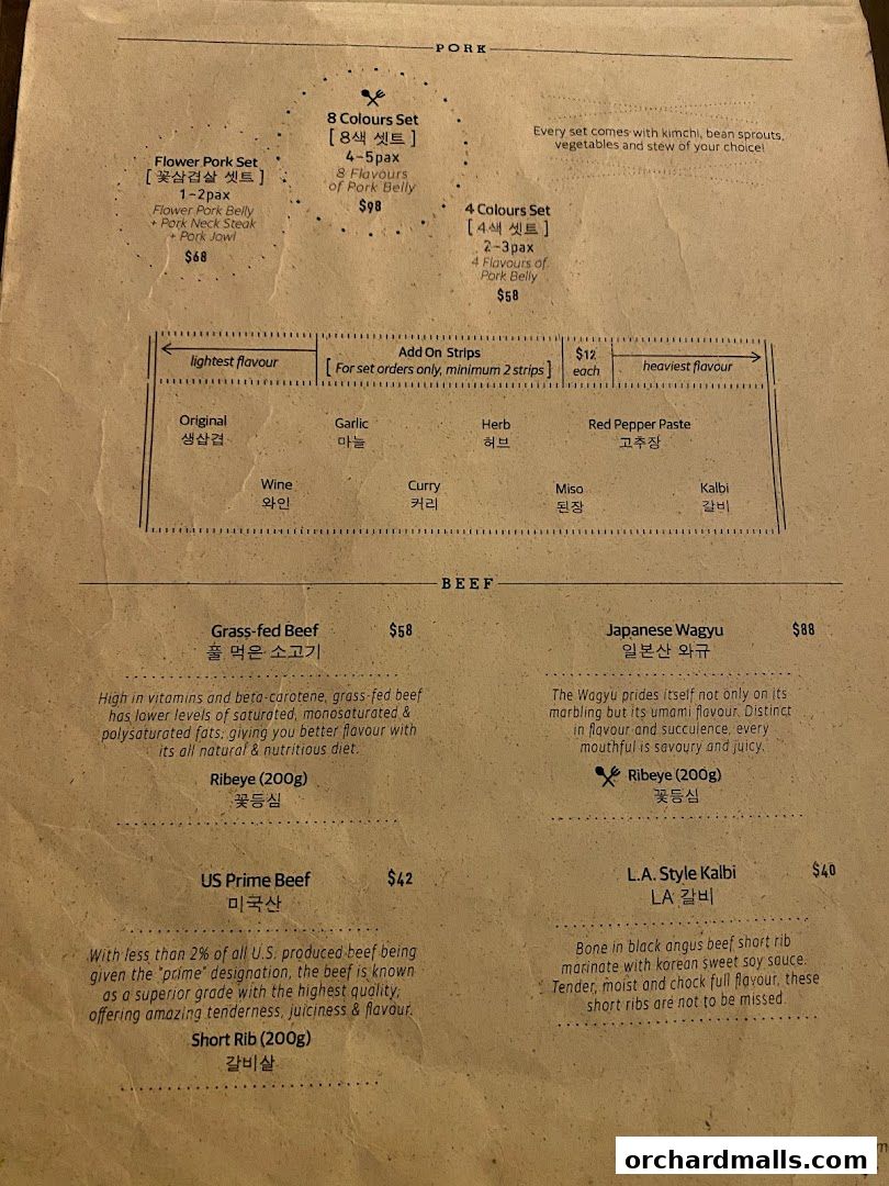 Menu page for 8 Korean BBQ  Korean Bbq Orchard  Shaw Centre