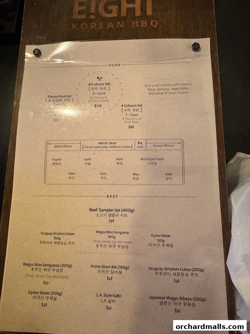 Menu page for 8 Korean BBQ  Korean Bbq Orchard  Shaw Centre