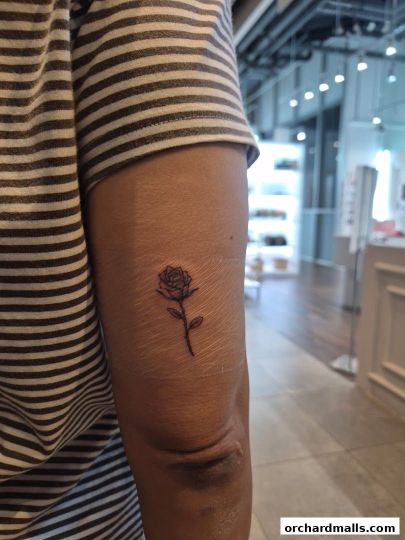 A person's arm with a delicate rose tattoo, showcasing fine line artistry.