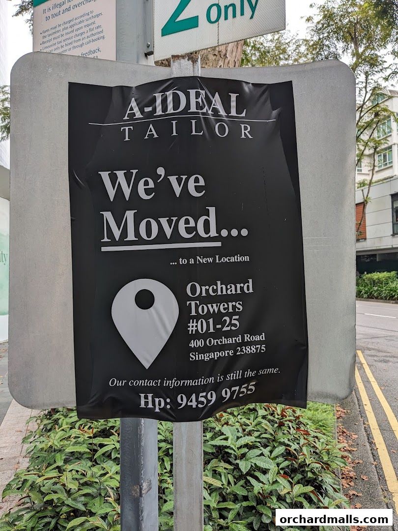 A-Ideal Tailor announces their move to a new location with contact details.