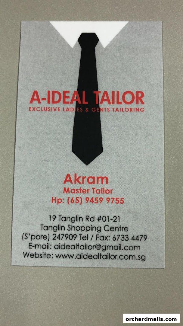 A business card for A-Ideal Tailor, featuring a suit and tie graphic and contact information.