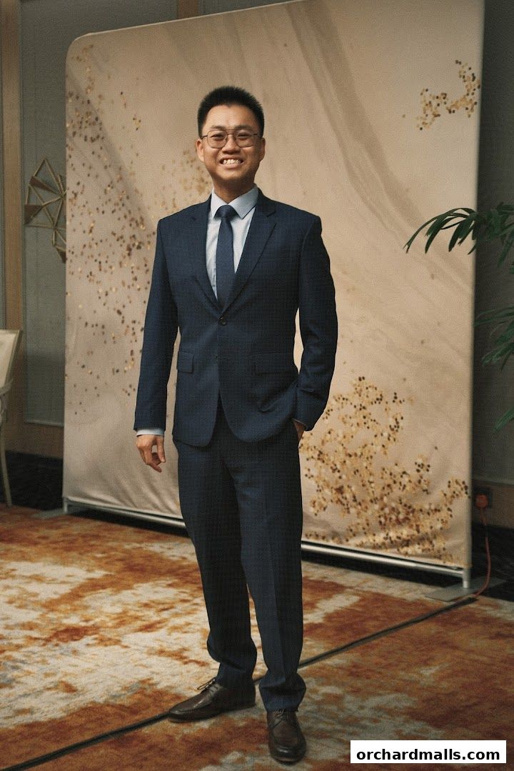 A smiling man in a dark blue suit stands in front of a decorative backdrop.