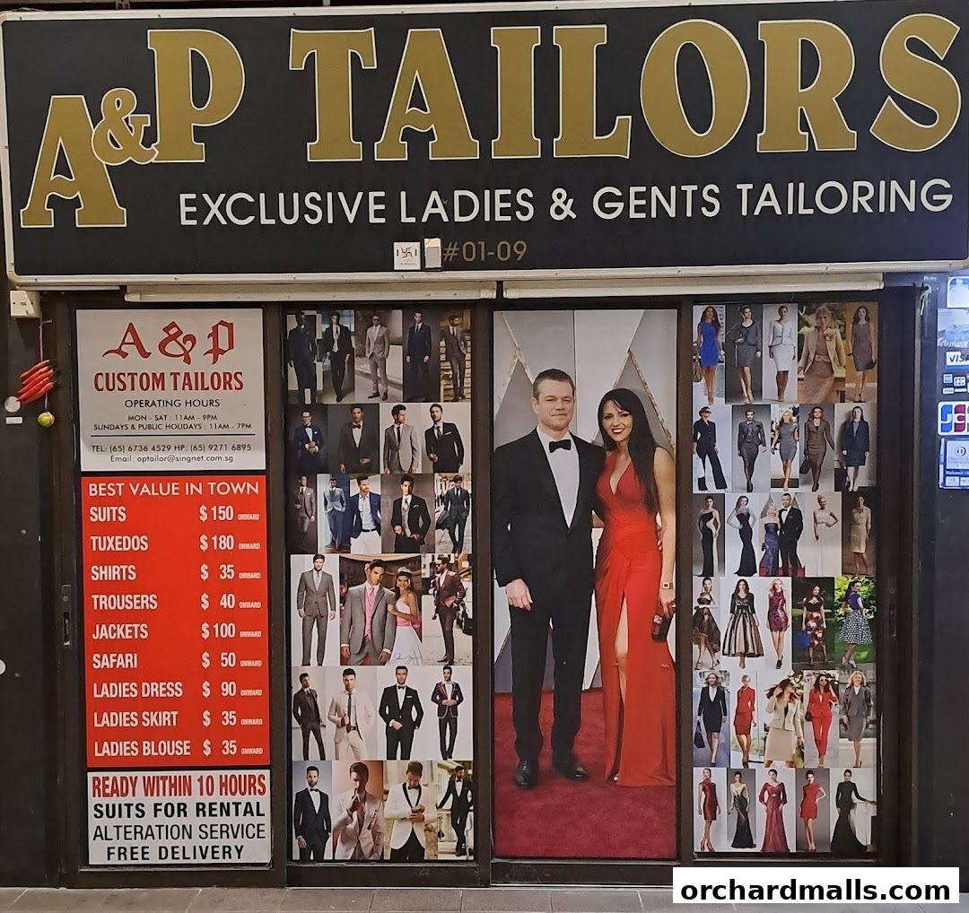 Shop front of A&P Custom Tailors with price list and examples of tailoring.