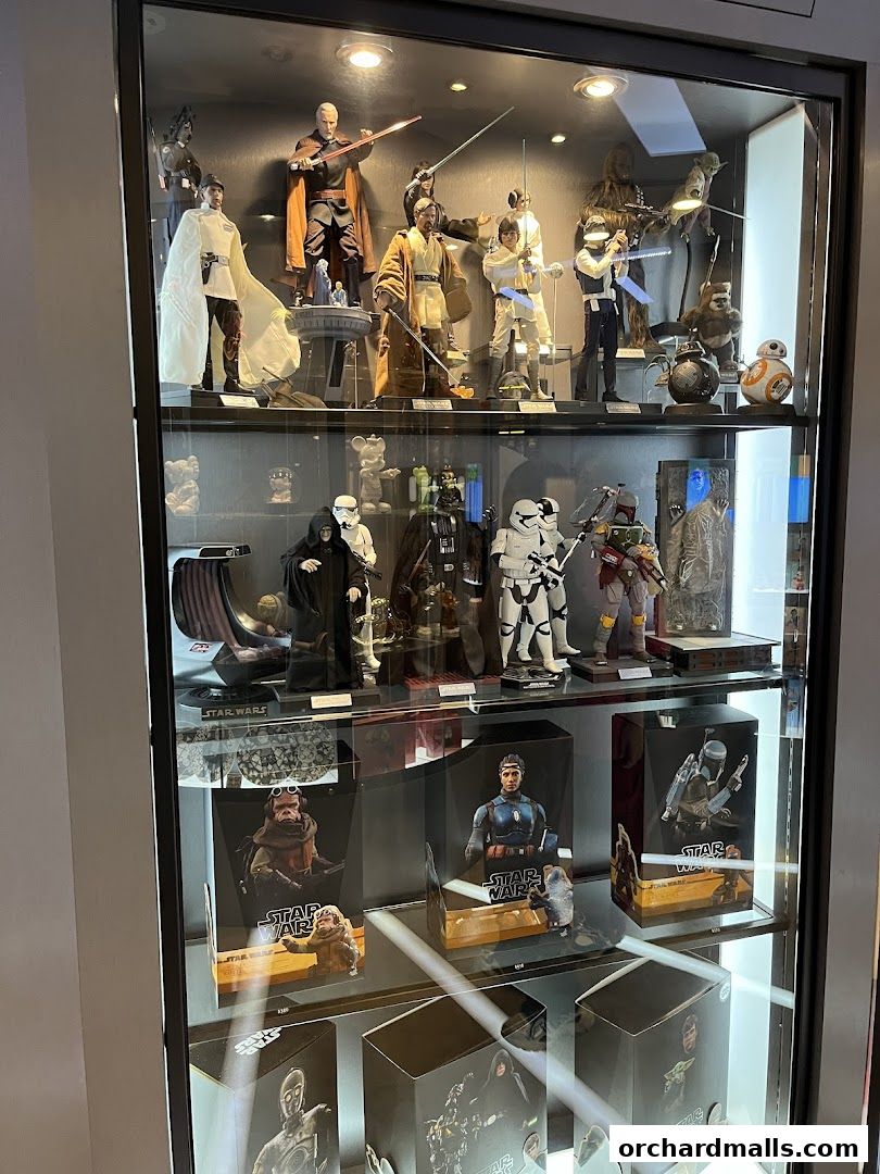 Display case filled with Star Wars action figures and collectibles.