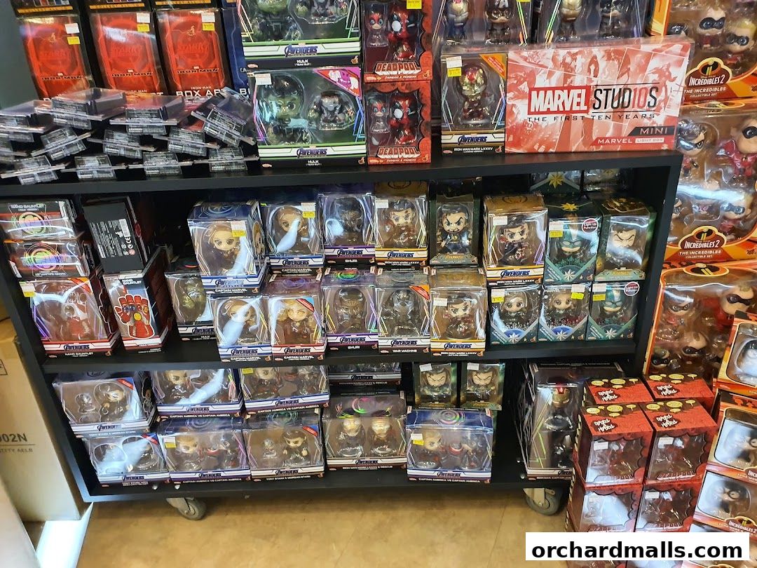 Shelves filled with Marvel and other collectible action figures and merchandise.