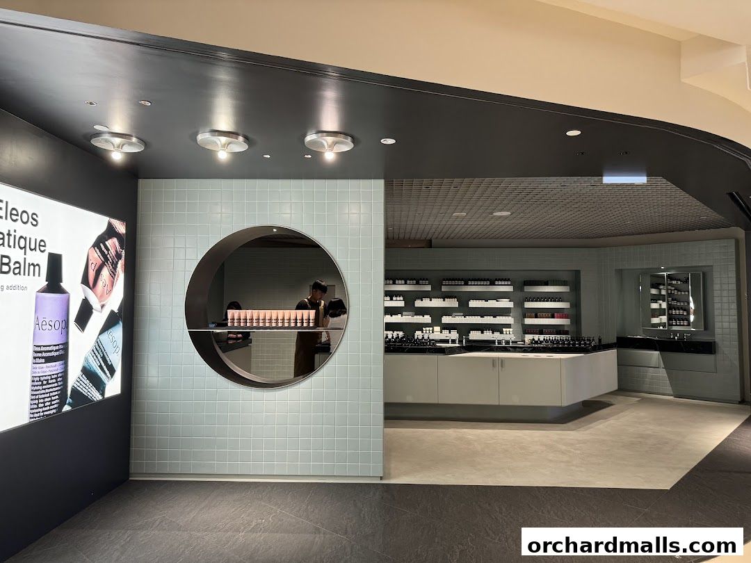 Interior view of an Aesop store showcasing skincare products and a minimalist design.