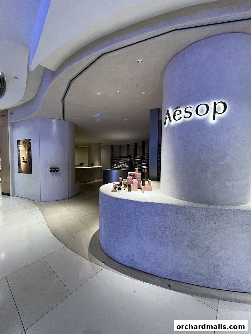 The interior of an Aesop store with a prominent illuminated logo and product displays.