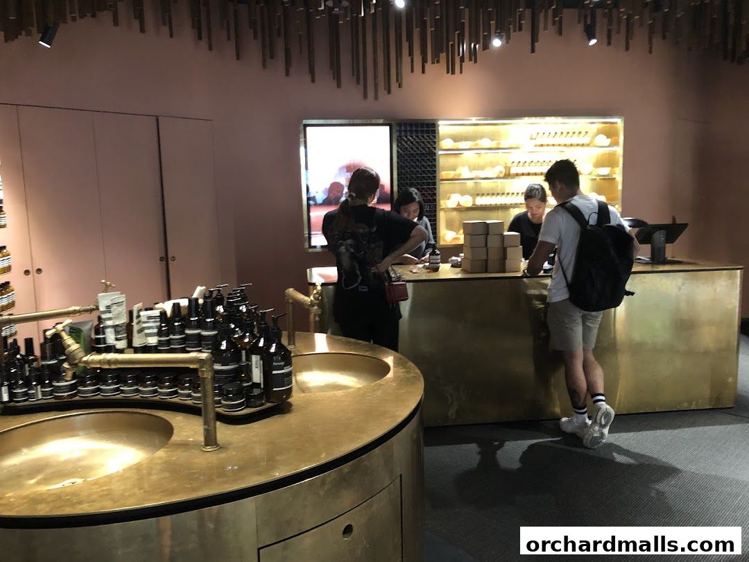Customers interact with staff at the Aesop store counter, with products displayed prominently.
