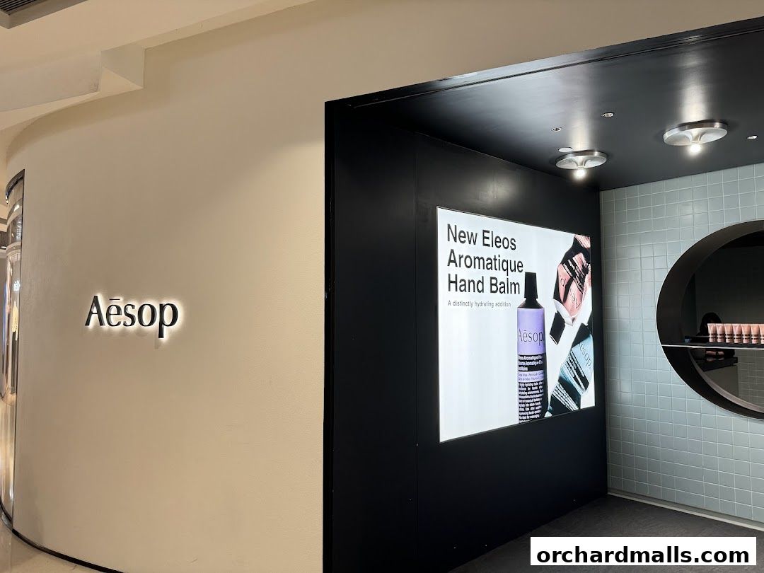 The Aesop shop features a clean, modern interior with a prominent illuminated logo and a display for a new hand balm.