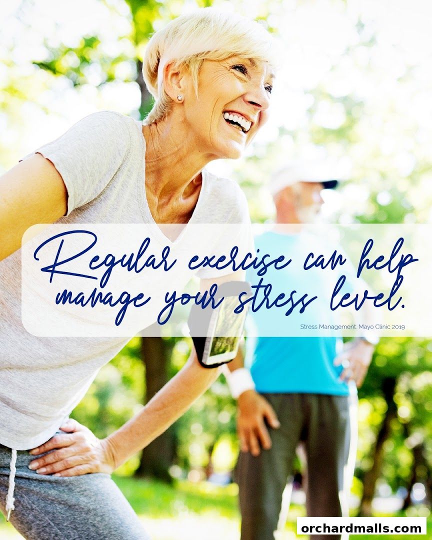 A woman smiles while exercising outdoors, with text about stress management.