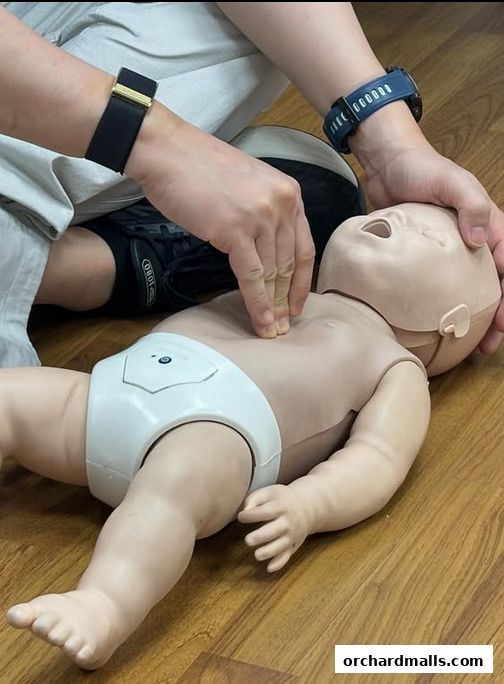 Hands practicing CPR on a baby training dummy.