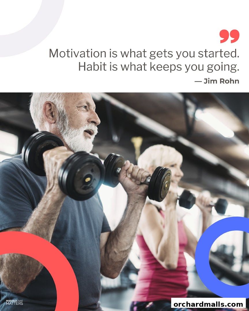 Seniors exercising with dumbbells, with a motivational quote about habit.