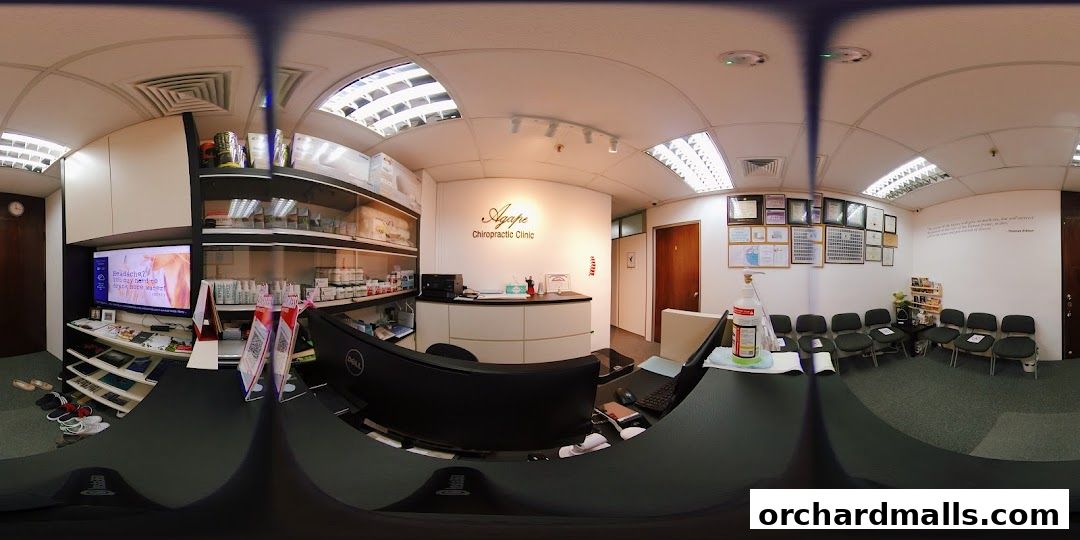 Interior view of Agape Chiropractic Clinic, showing reception, waiting area, and shelves of products.