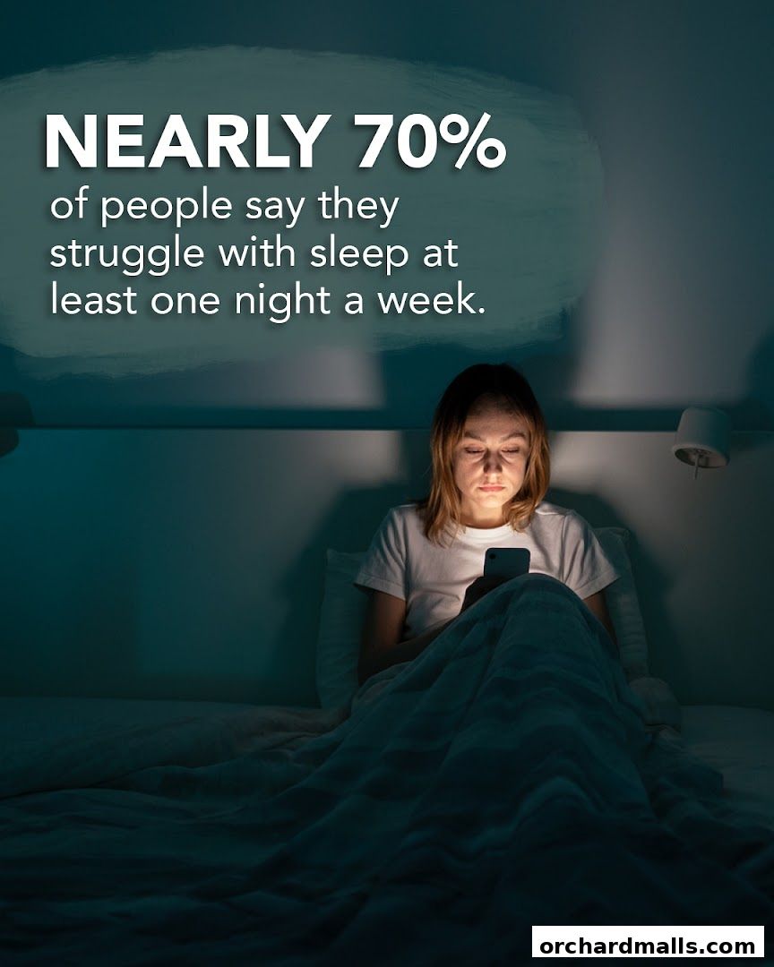 A woman in bed at night, illuminated by her phone, with text about sleep struggles.