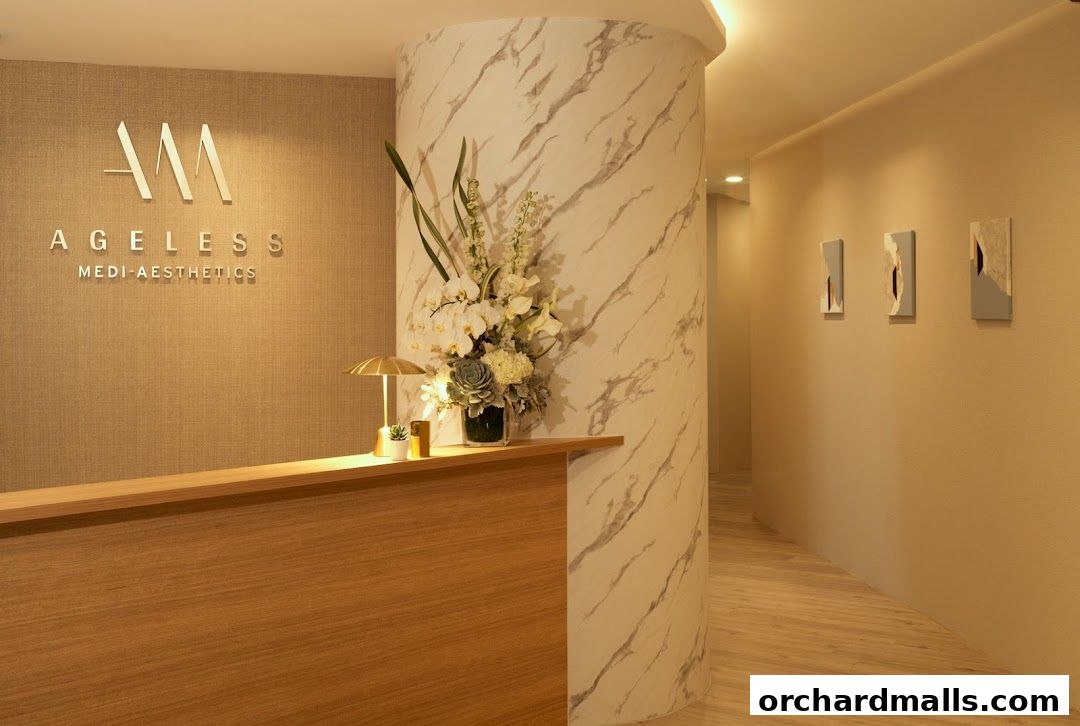 The reception area of Ageless Medi-Aesthetics features a wooden counter and elegant marble pillar.