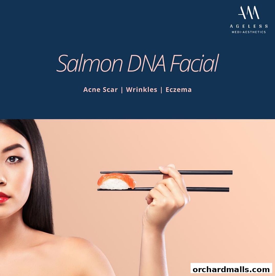 A woman's face and hand holding sushi with chopsticks, advertising a facial treatment.