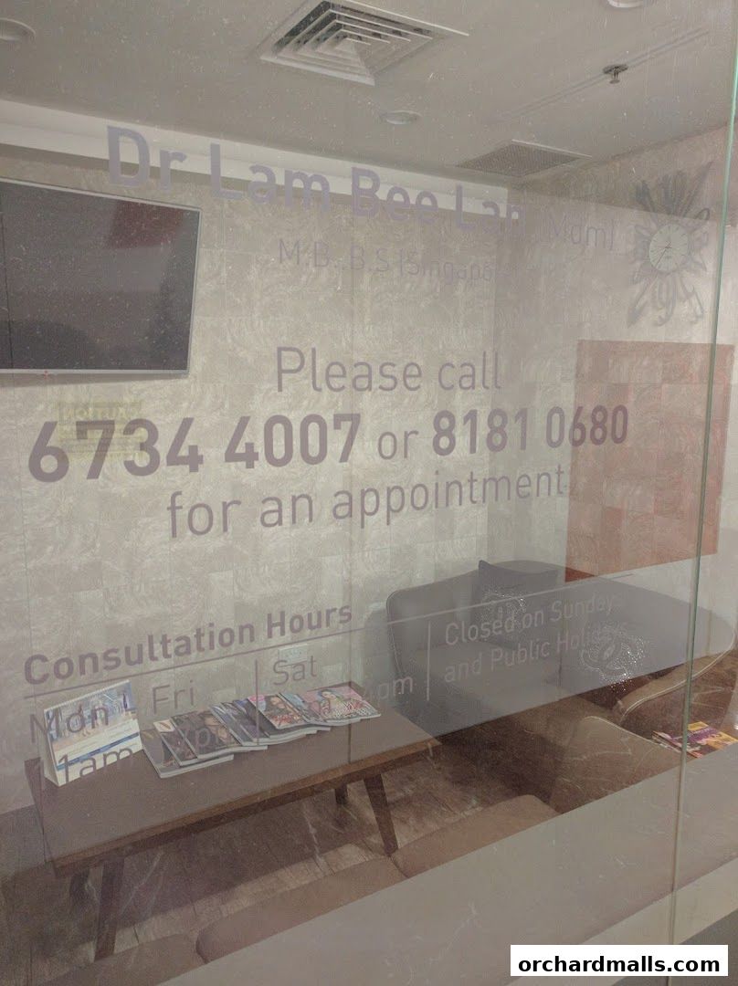 Interior view of Ageless Medical clinic with consultation hours and contact information displayed.