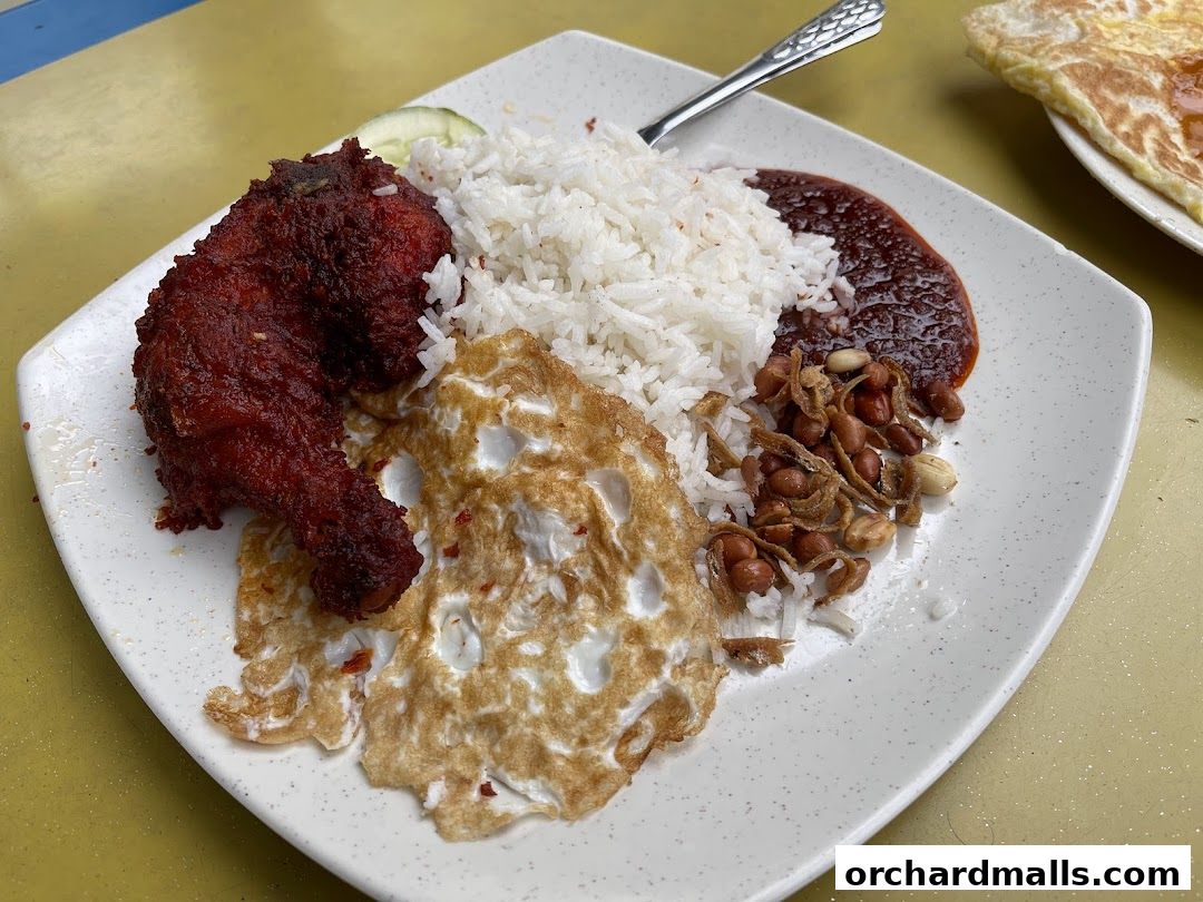 A plate of Nasi Lemak with fried chicken, egg, sambal, and peanuts.