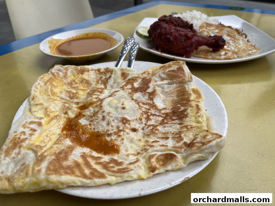 A close-up of Roti Canai with curry and a plate of rice with fried chicken and egg.